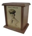 Human cremation urn with laser engraved brass colored face